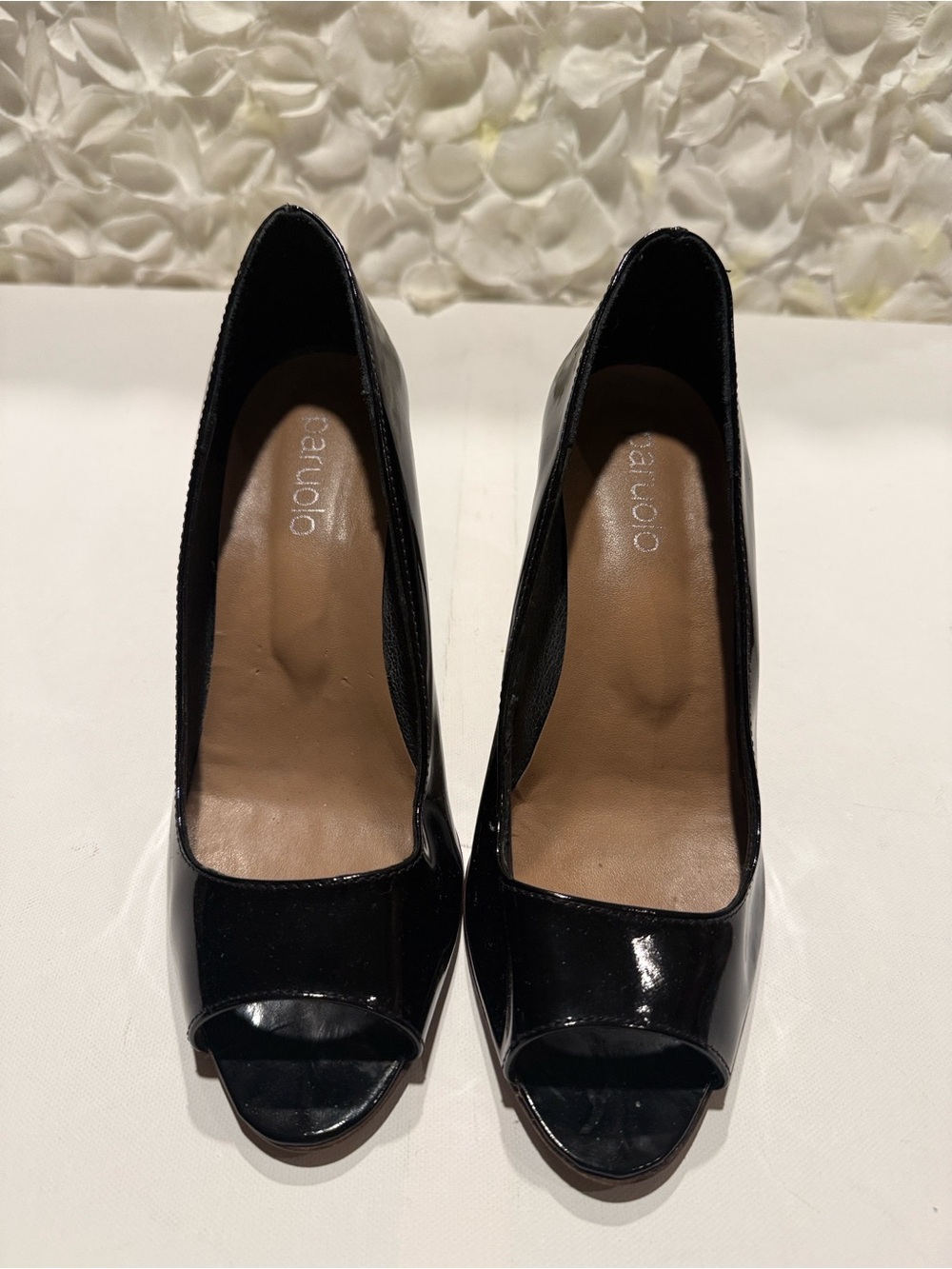 Black Patent Peep-Toe Heels by
